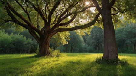 Old oak tree in the park at sunset. Landscape with sunbeamsの写真素材