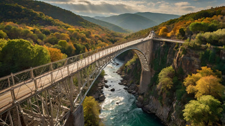 Panoramic view of the bridge over the river in the mountainsの写真素材