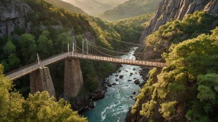 Panoramic view of the bridge over the river in the mountainsの写真素材