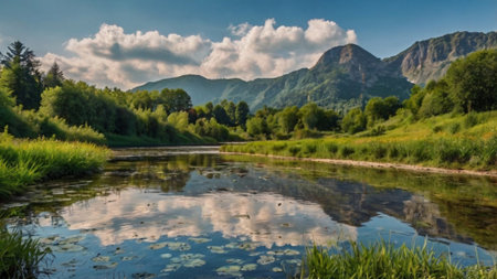 Panoramic view of the river and mountains. Summer landscape.の写真素材