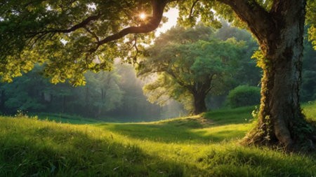 Sunrise in a park with rays of light passing through the treesの写真素材