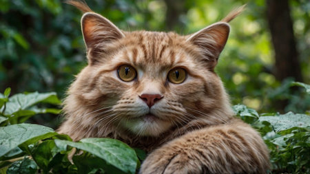 Close up portrait of a red tabby cat in the garden.の写真素材