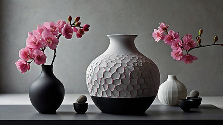 ceramic vase with pink sakura flowers on gray wall backgroundの写真素材