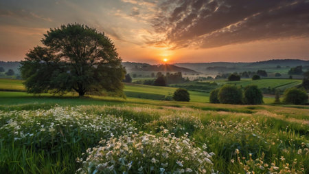 Sunset over the meadow in summer, Czech Republic, Europeの写真素材