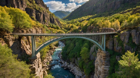 Panoramic view of a bridge over a mountain river in Norwayの写真素材