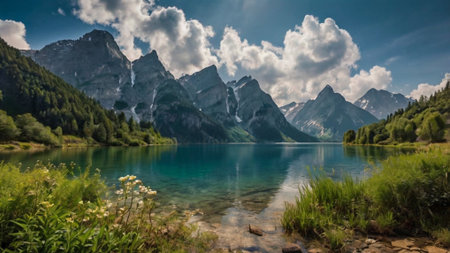 panoramic view of beautiful alpine lake with reflection of mountainsの写真素材