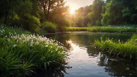 Landscape with river and green meadow at sunset. Nature backgroundの写真素材
