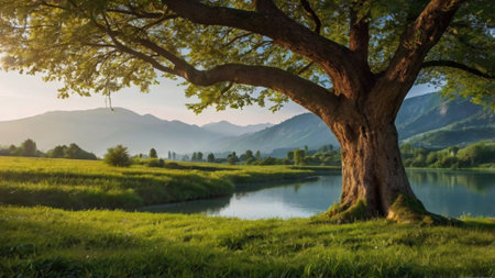 Beautiful summer landscape with a big tree and a lake in the mountainsの写真素材