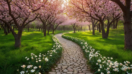 Cherry blossoms blooming in the spring garden. Nature backgroundの写真素材