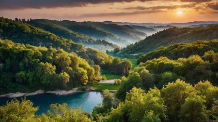 Panoramic view of the river and the mountains in the morningの写真素材