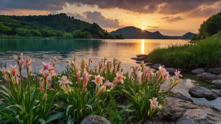 Sunset on the lake with colorful lilies in the foreground.の写真素材
