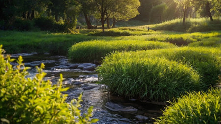 Landscape with a small river in the forest at sunset. Beautiful natural background.の写真素材