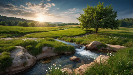 Beautiful summer landscape with mountain river and green meadow at sunsetの写真素材