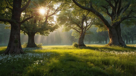 Sunset in the forest. Beautiful summer landscape with sunbeams.の写真素材