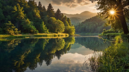 Beautiful summer landscape with a lake, forest and mountains at sunsetの写真素材