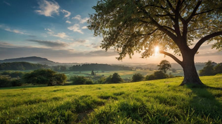 Sunset over countryside landscape with trees, fields and meadows.の写真素材