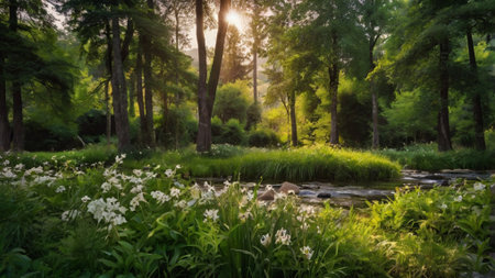 Sunset in the forest with a stream of water and wild flowersの写真素材