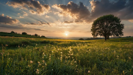 Sunset over a meadow with a lone tree in the foregroundの写真素材