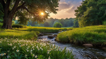 Sunset over a small river with white flowers in the foreground.の写真素材
