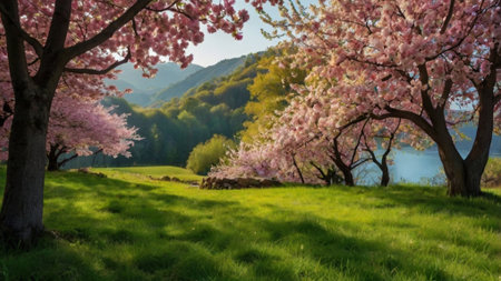 Cherry blossoms in full bloom on a green meadow.の写真素材