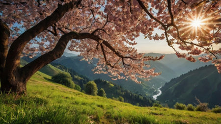 Cherry blossoms in full bloom in the mountains. Beautiful spring landscapeの写真素材