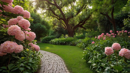Blooming pink hydrangea flowers in the garden. Summer landscape.の写真素材