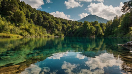 Landscape of a mountain lake in the middle of a green forestの写真素材