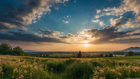 Beautiful sunset over the meadow with grass and flowers in summerの写真素材