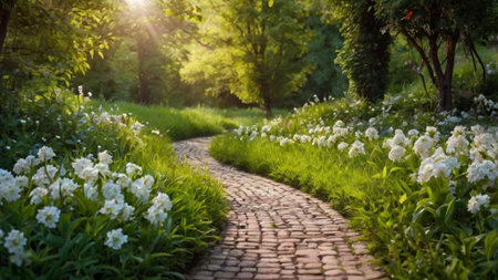 Pathway in the park with white flowers, green grass and sunlightの写真素材