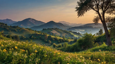 Sunset over the mountains in the summer. Landscape of the Carpathian Mountainsの写真素材