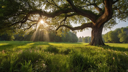 Old oak tree in the meadow with sunbeams and lens flareの写真素材
