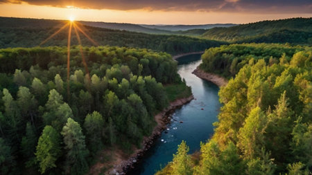 Aerial view of the forest and river at sunset. Beautiful summer landscapeの写真素材