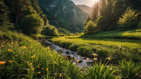 Mountain river in the mountains at sunset. Beautiful summer landscape.の写真素材
