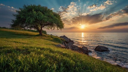 Beautiful sunset over the sea with a tree on the foreground.の写真素材