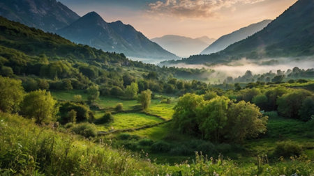 Foggy morning in the mountains. Landscape with green meadow and mountains.の写真素材