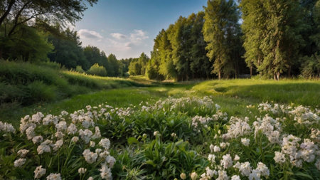 Panoramic view of a beautiful meadow with white flowers.の写真素材