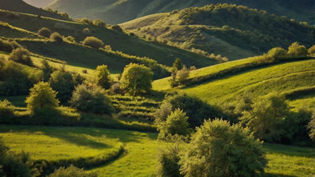 Beautiful landscape of hills and meadows in the morning light.の写真素材