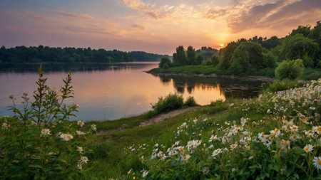 Sunset on the river. Summer landscape with a lake and flowersの写真素材
