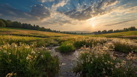 Sunset over a meadow with grass and flowers in the foregroundの写真素材