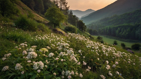 Panoramic view of a meadow with white flowers in the mountainsの写真素材