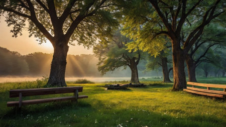 Sunrise in the park with a bench and trees in the foregroundの写真素材