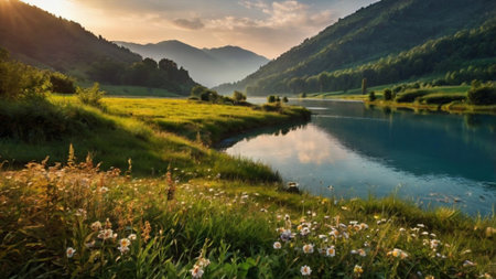 Beautiful summer landscape with lake and mountains in the background. Ukraine, Europe.の写真素材