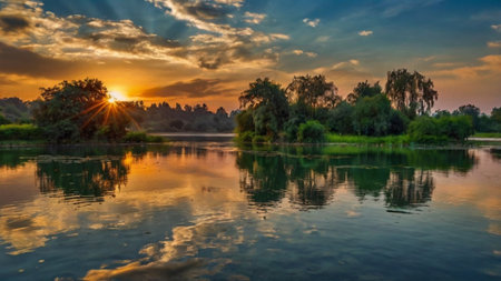 Sunset on the river with reflection of trees and clouds in the waterの写真素材