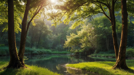 Beautiful nature landscape of green forest with river in the morning.の写真素材