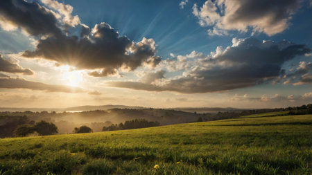 Sunset over the meadow in the countryside. Beautiful summer landscape.の写真素材