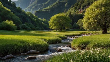 River flowing through the green fields in the mountains. Summer landscape.の写真素材