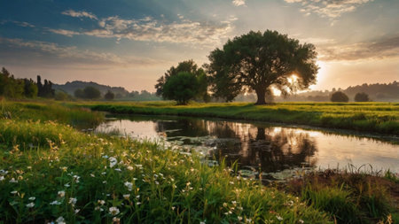 Sunset over the river in a meadow with flowers and treesの写真素材