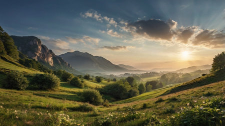 Sunset in the mountains. Beautiful summer landscape with green meadow.の写真素材
