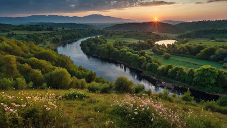 Beautiful summer landscape with river and mountains at sunset. Ukraine.の写真素材