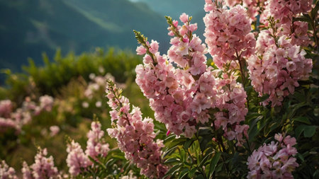 Pink flowers in the mountains, close-up. Beautiful spring landscape.の写真素材